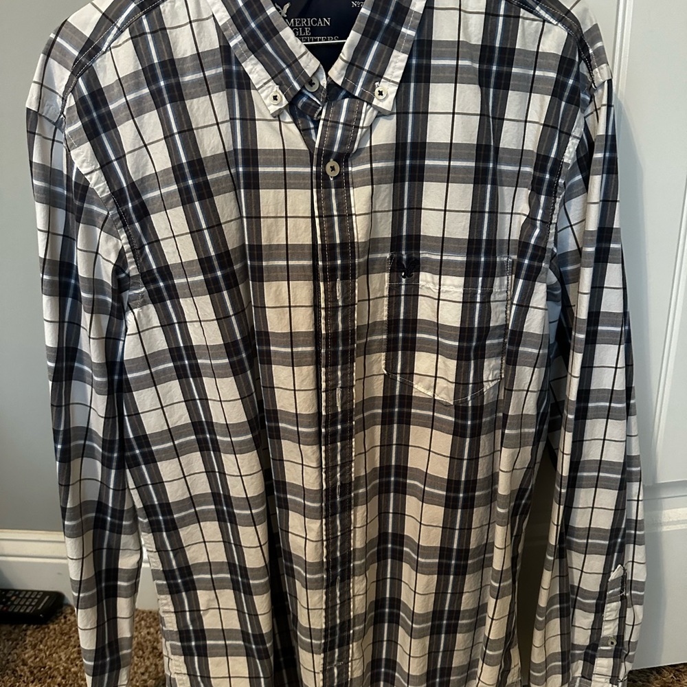 American Eagle Outfitters Men's Checkered Shirt - Black, White, and Gray xl